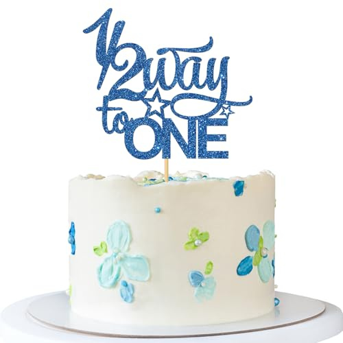 1/2 Way to One Cake Topper - Half Year Old Birthday Party Cake Supplies - Baby Shower - Boy Girl Birthday Party Decoration - Blue Glitter