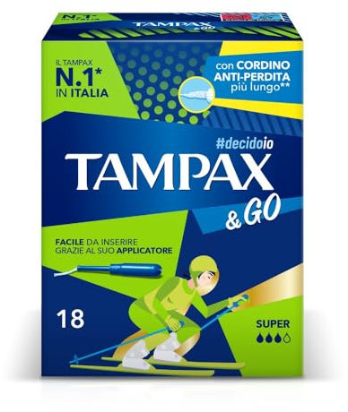 Tampax & Go Super, 18 assorbenti interni con applicatore in plastica, dotati di presa antiscivolo e doppio cordino protettivo. Ideali per flussi da medi ad abbondanti