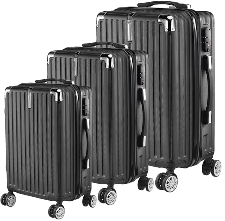 CDQL Reisekoffer, Hartschalenkoffer Trolley Rollkoffer Suitcase, Koffer Set 3 Teilig Hartschale, Reisekoffer mit Rollen, Handgepäck mit Passwortsperre und Teleskopgriff, Schwarz