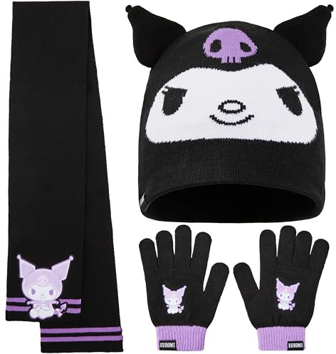 Hello Kitty Kuromi Sanrio Conjunto Bufanda y Gorro y Guantes Niña o Pack Gorro Guantes, Accesorios Invierno, Talla Única, Regalos Niñas (Negro Kuromi 3 Pcs)