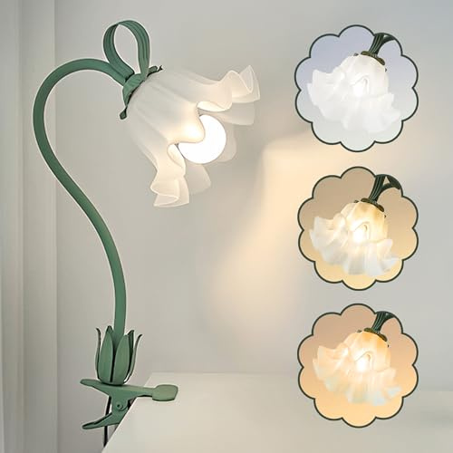 WLHBF Clip on Light Flower Desk Lamp,3 Coluor Modes LED Eye-Caring Reading Light,Flexible Gooseneck Clip on Bedside Light for Beds Headboard Desk Office Bedroom Dorm