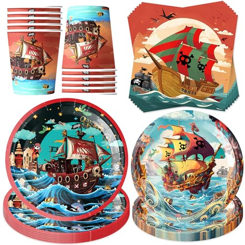 50 Stück Piraten Partygeschirr Set,Piraten Partygeschirr,Piratenschiff Party Pappteller Becher Servietten,Piratenschiff Partyteller,Kindergeburtstag Geschirr Set für 10 Gäste