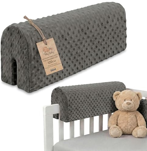 Bettkantenschutz für Kinderbetten Minky 120 cm - Schutz für Bettrahmen Baby Bett rausfallschutz für boxspringbett bettgitter mit Minky Bezug Kantenschutz Kinder Babybett Oeko-Tex Grau