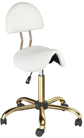 Bonnlo Sattelhocker mit Lehne Abnehmbar, Sattelhocker mit Rollen 360°, Rollhocker Höhenverstellbar 48-63cm, Bürohocker Ergonomisch 180 KG Tragkraft für Salon/Büro/Bar PU-Leder (Weiß-Gold, 40x34x91)