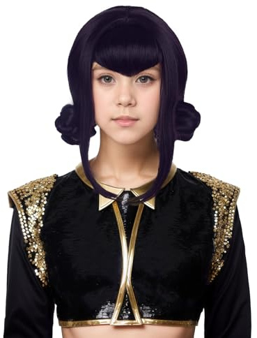 Karlery flicka kort svart djuplila peruk med 2 bitar tecknad anime film cosplay peruk värmebeständig syntetisk fiber bräda justerbar storlek för halloween kostym fest