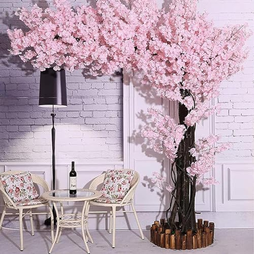 Cerezo Artificial, Flores De Seda Rosa, Plantas Artificiales Realistas con Valla Y Césped, Ideal For Decoración del Hogar, Fiestas En Interiores Y Exteriores, Restaurantes(1.5 * 1.0m/4.9x3.2ft)