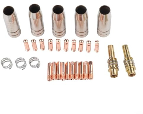 MIG Schweißbrenner-Zubehör-Set für MB15 15AK 14AK inkl. 0,8 mm und 1,0 mm Kontaktspitzen, Gasdüsen, Spitzenhalter, Haltefedern, 30 Stück, Kupfermetall