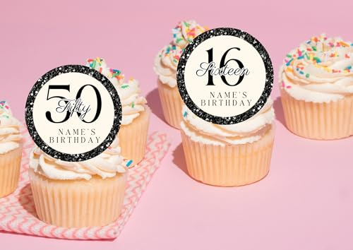 20 x 5cm Edible personalised ANY AGE Birthday theme Birthday cupcake toppers NOT-PRECUT 16th/18th/21st/30th/40th/50th/60th/70th/80th (Wafer paper, Black)