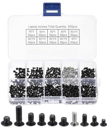 PATIKIL M2 M2.5 M3 Laptop Computer Screw Kit, 500Pcs Carbon Steel Phillips Flat Countersunk Head Screw Assortments for Universal Laptops PC Case DIY Repair, Black/Silver