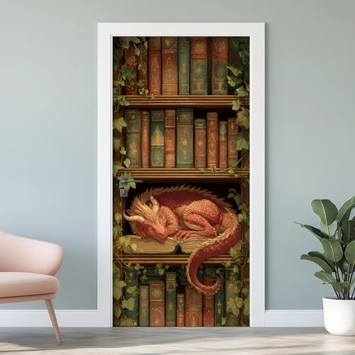 3D Türtapete Bücherregal Türposter Selbstklebend, Drachen Bibliothek Türklebefolie, Vinyl Wasserfest Türaufkleber für Schlafzimmer Wohnzimmertür Küche Badezimmer 95 x 210 cm F8f259