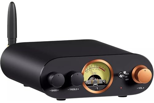 Bluetooth Stereo Amplifier HiFi 2 Channel Receiver, 100W x 2 Audio Amplifier with VU Meter, Bass and Treble Control for Passive Speakers