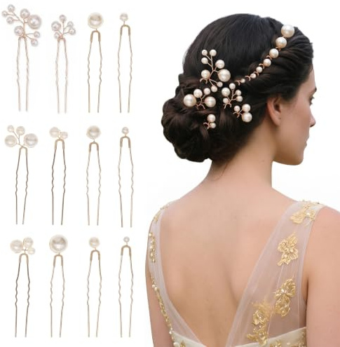 FIQLUL 12 Pièces Accessoires Cheveux Mariage avec Perles, Bijoux Cheveux Mariage Doré pour Femme, Épingles à Cheveux Vintage pour Chignon et Coiffure de Mariée, Décoration Cheveux Soirée et Quotidien