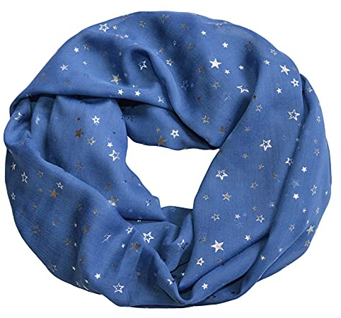 thb Richter Damen Loopschal Schlauchschal mit Sternchen Sterne Muster Stars Metallic-Silber-Aufdruck glänzend Schal Rundschal Leicht Weich Soft Sommer Star