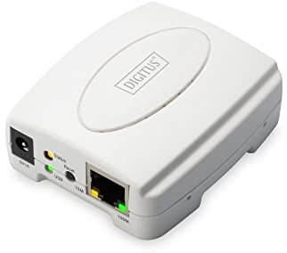 DIGITUS Server di stampa Fast Ethernet con USB 2.0, 1x RJ45, 1x USB A, indipendente dal sistema operativo, server di stampa, compatibile con DHCP, TCP/IP, incl. alimentatore, bianco
