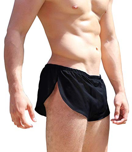 Alivebody Herr sexiga nätbyxor med delade sidor lounge shorts underkläder boxershorts, svart, M