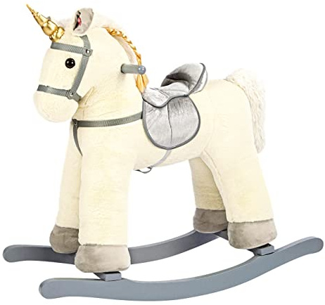 Bino Schaukel-Einhorn mit Geräuschfunktion, Spielzeug für Kinder ab 3 Jahren (Einhorn mit Sattel, Steigbügel & Griffen, trainiert Balance, wiehert auf Knopfdruck, inklusive Batterie), Weiß