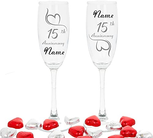Personalised Engraved 15th Wedding Anniversary Set of 2 Champagne Flute Glasses Crystal Wedding Engraved Glasses Chocolate Hearts Engraved Champagne Flute (Filled with Chocolate Hearts)
