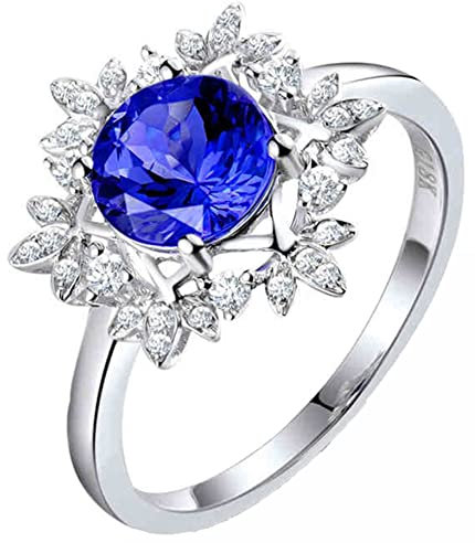 AMDXD Diamantring Weißgold 750, Blume Solitärring mit Blau Tansanit 1.51ct, Geburtstag Geschenke für Frauen Mutter Freundin, Weiß Gold, Gr.51 (16.2)