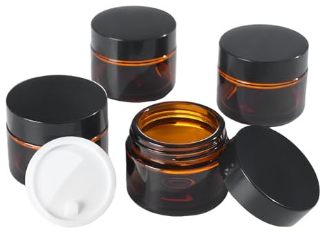 OverNews 4pcs 30ml Glass Amber Jar, Empty Cosmetic Lotion Containers,with Inner Liners,Black Lid, Spatula