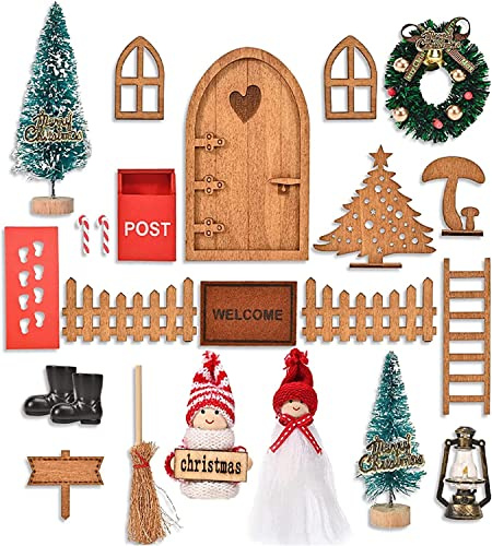 Viosmut Wichteltür Zubehör Weihnachten Set, Nissedor Miniatur Weihnachtswichtel Tür 23Pcs, Holz Wichtel Tür Deko mit Briefkasten Stiefel Weihnachtsbaum Zaun Öllampe Leiter für Feentür Weihnachtsdeko