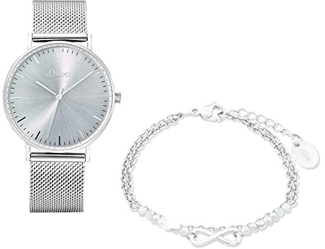 s.Oliver Armband Edelstahl Damen Armschmuck, mit Glas, 16+4 cm, Grau Armbanduhr Damen Quarzuhr Analog, mit Edelstahl Armband, Silber, 3 bar Wasserdicht