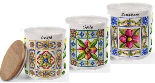 Utilissimi EDITACASA - Set tris Barattoli sale zucchero caffé con coperchio chiusura ermetica 10 * 12 cm decoro terra e sole in ceramica