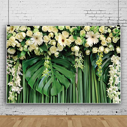 Bovlleetd 8x4ft Wedding Ceremony Photography Background White Rose Flowers Green Leaf Backdrop Tropical Plant Leaf Monstera Curtain Background for Wedding Portrait Photography Prop
