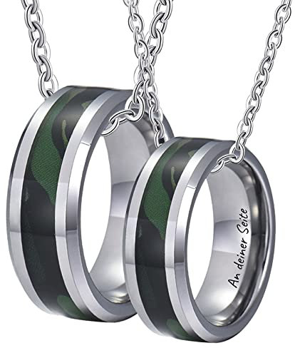 KnSam Wolfram Paar Kette Personalisiert Gravur EIN Leben lang an deiner Seite, 2Pcs Anhänger Ring 8MM Tarnung Muster Paare Halsketten Silber, Gr.54 & Gr.62, Länge 60cm/ 50cm