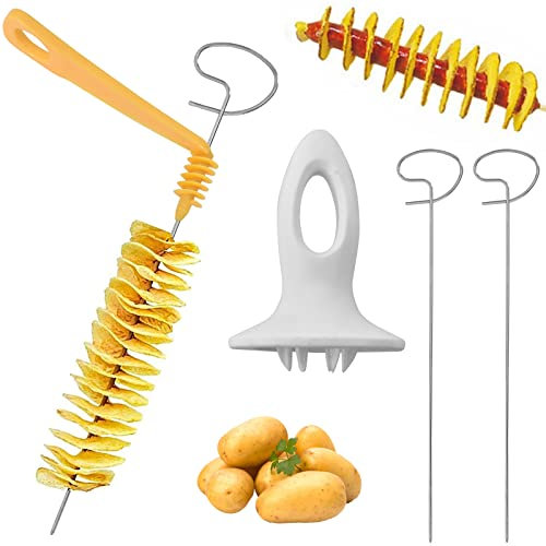 Set Cortador Torre Patatas,4 PCS Cortador en Espiral Para Torre,Acero Inoxidable Espiral de Tornado de Patata, Cortador Torre Patatas, Reutilizar, Manual para Torre de Papa, Barbacoa, Frita, Fiesta