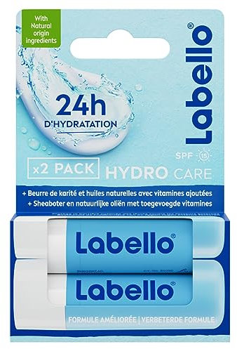 LABELLO Duo Hydro-Care (2 x 5,5 ml), Baume à lèvres FPS 15 hydratation longue durée pendant 24H, Soin des lèvres enrichi en huiles naturelles et au beurre de karité