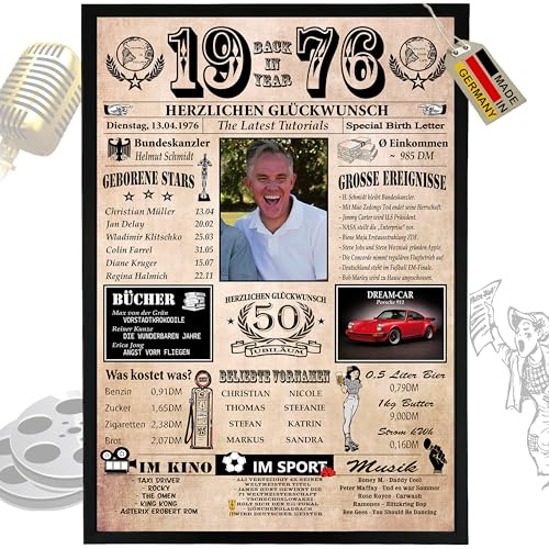 DUOMIO Zum 50. Geburtstag | 1976 – 6 Felder PERSONALISIERBAR! Back in Year 1976 – Jahreschronik – Geschenk zum 50. Geburtstag für Frauen & Männer – Ausdruck auf 400g/m² Premium Papier
