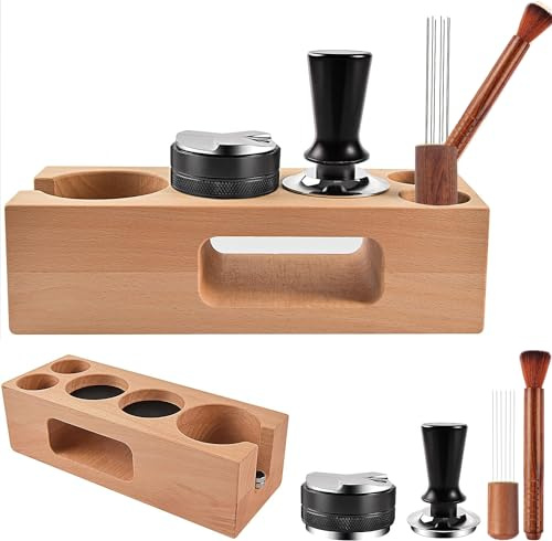 Espresso Accessories Kit 5-PCS Including 51mm Wooden Portafilter Station Organizer | 51MM Coffee Distributor | 51MM Tamper Press | WDT Stirrer Needle | Coffee Mat Brush, Espresso Tools Gift
