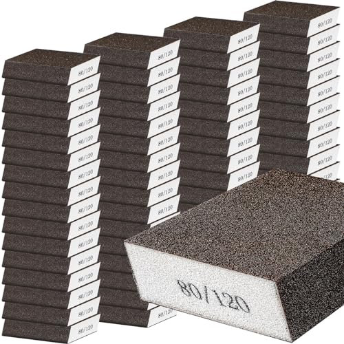 Gisafai 100 Pcs Dual Angle Sanding Sponge Bulk 80 120 Grit Washable and Reusable Drywall Sponge Sandpaper Block for Wall Wood Metal Glasses, Med/fine