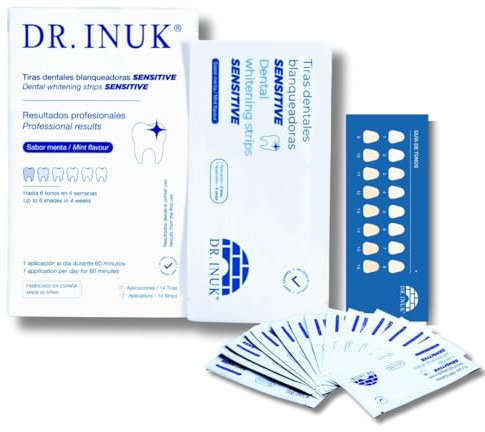 Tiras blanqueadoras de dientes PROFESIONALES SENSITIVE - 14 tiras sin peróxido o ácidos - 7 sesiones de blanqueamiento dental - Fabricado en España - Reduce 6 tonos en 4 semanas -Incluye guía de tonos