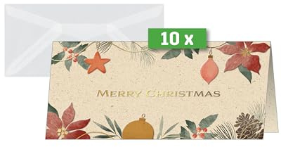 Sigel Premium Weihnachtskarten Christmas Art DIN lang 10 Stück Graspapier | DS095, Mit Umschlägen, aus nachhaltigem Graspapier für Festtagsgrüße