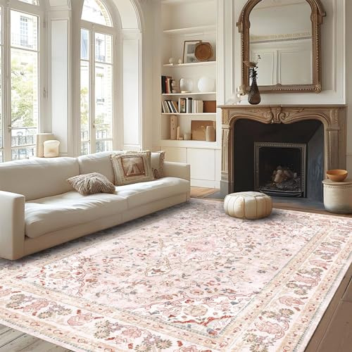 Vhong Pink Area Rug Washable Boho Vintage Modern Neutral Large Carpet 6×9 High Traffic for Dining Living Bedroom Girls' Nursery Room Non Slip