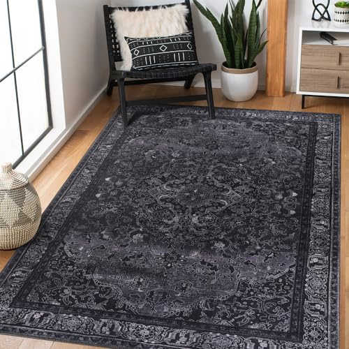 NETLINE Tappeto lavabile in lavatrice per cucina, camera da letto, sala da pranzo e soggiorno, adatto agli animali domestici, design orientale, a pelo basso, antiscivolo (nero, 80x