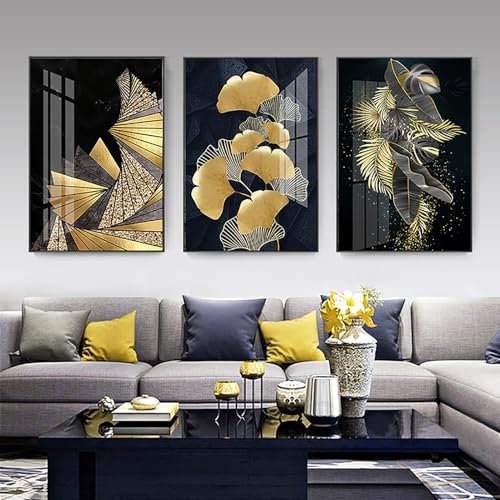 SHANBOYU 3pcs Goldenes Blatt Leinwandbilder Bilder Abstrakt Palmblatt Farn botanisch Blätter bild auf leinwand Wandkunst Modern Wandbilder Kunstdruck Deko für Wohnzimmer Schlafzimmer(30 * 45cm)