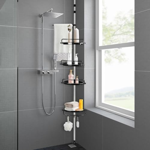 MENGDA Étagère Salle de Bain Télescopique, Étagère de Douche Réglable en Hauteur 105-310 cm, Acier Inoxydable (Noir, 105-310cm)
