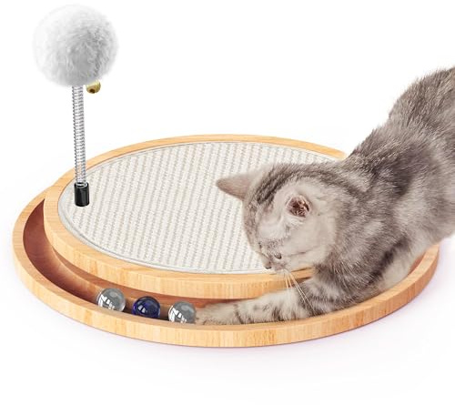 Furjoy Katzenkratzer, Natürliche Sisalmatte Kratzpads für Katzen mit Glocken Ball, Interaktives Katzenspielzeug Kugelbahn Für die Jagd auf die Jagd Mental Physical Exercise Puzzle