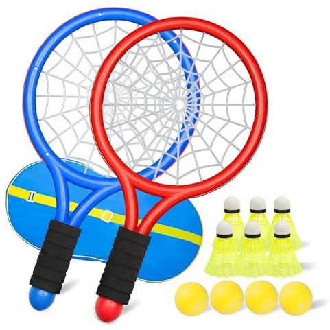 JHuiLap Kinder Tennisschläger Set – Enthält einen Schläger, 4 weiche Schaumstoffbälle, 6 Federbälle und eine Tragetasche – Ideal für Kinder für Outdoor- und Indoor-Sport (rot blau)