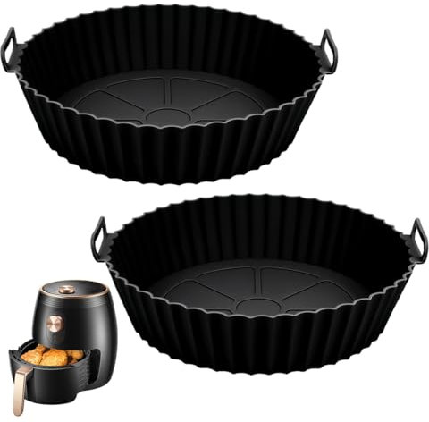 2 Stück Silikonform für Heißluftfritteuse 20cm, Wiederverwendbarer Silikon Heißluftfritteuse Zubehör, Airfryer Silikonform Zubehör, Runde Air Fryer silikon Pot Liners, anstelle Backpapier (Schwarz)