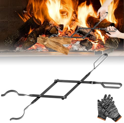 Kaminzange Kohlezange, Feuerzange Kaminholzzange, FeuerHaken Kohlenzange, Kaminbesteck Kaminzubehör, 66cm Kohlenzange Kaminzange Lange Feuerholzzange für Lagerfeuer und Kaminöfen mit Paar Handschuhe