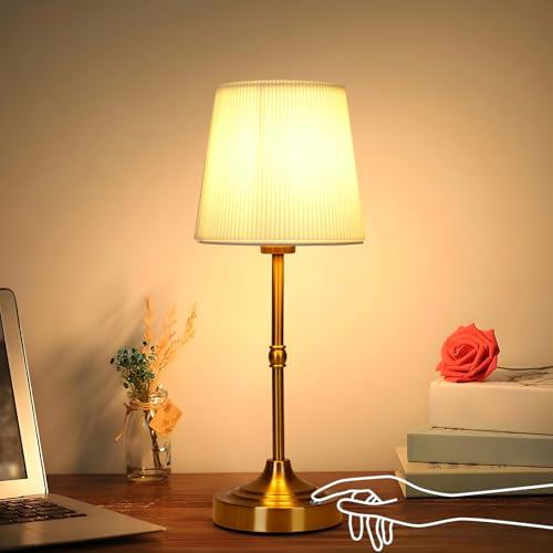 VIMAZ Rechargeable Cordless Table Lamp,5200mAh Battery Operated Table Lamps,Dimmable LED Fabric Shade Desk Lamp with 2 Bulbs,Portable Metal Touch Lamps Bedside Lamp for Reading,Bedroom,Home (Gold)