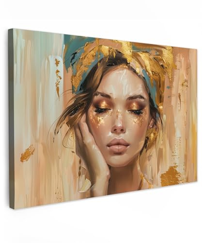 MuchoWow© Bilder Groß XXL Wohnzimmer Deko Modern Wandbild Kunstdruck | 120x80 cm - Leinwand Bild Schlafzimmer über Bett Room Decor Geschenke Frau - Porträt - Gold - Luxus