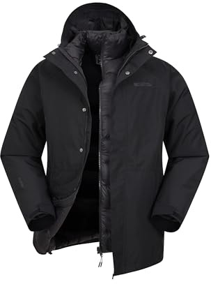 Mountain Warehouse Alaskan Mens 3-in-1 Waterproof Jacket - Breathable Coat with Taped Seams & Microfibre Insulation - Autumn Winter Wet Weather, Walking & Outdoors Black L