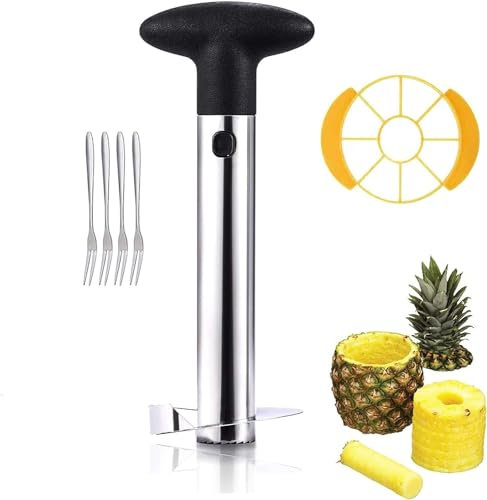 Juego de rebanador de piña de acero inoxidable, cortador de piña, con descorazonador y 4 tenedores de fruta, se utiliza para cortar núcleo de piña, cáscara de piña y rodajas de piña