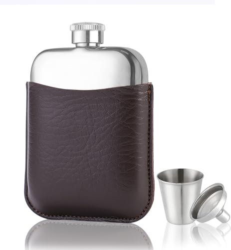 MEETOZ 6oz Hip Flask Gift for Him Premium Tan PU Leather Sleeve and Stainless Steel Funnel Cup Gift for Him Groomsmen Gift Hip Flask for Men Whisky Flask