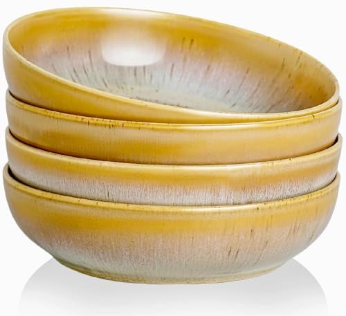 KYBSCZ 30oz Pasta Bowls Set - 8 Serving Bowls - Salad Bowls Set of 4 - Large Ceramic Bowls - Dinner Bowls- Microwave Safe Bowls-Reactive Glaze Cappuccino