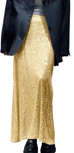 Glitzerrock Gold Damen Maxi, Hohe Taille mit Elastischem Bund Elegante Lang Maxirock Einfarbig Glitzer Pailettenrock Silvester Wickelrock Frauenrock Party Rave Outfit Karneval Rock